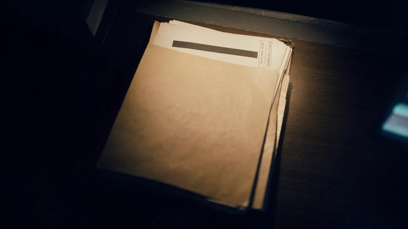 A manila evidence folder under a single warm overhead lamp on a dark wooden desk, redacted documents partially visible.