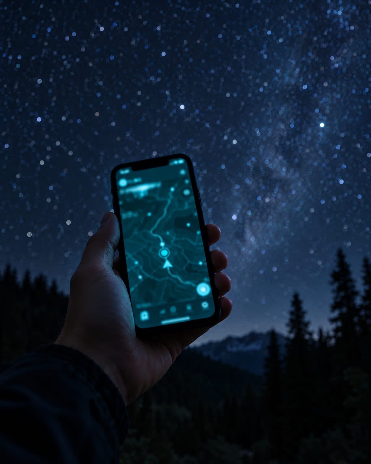 A phone running Sighted, held up to the night sky