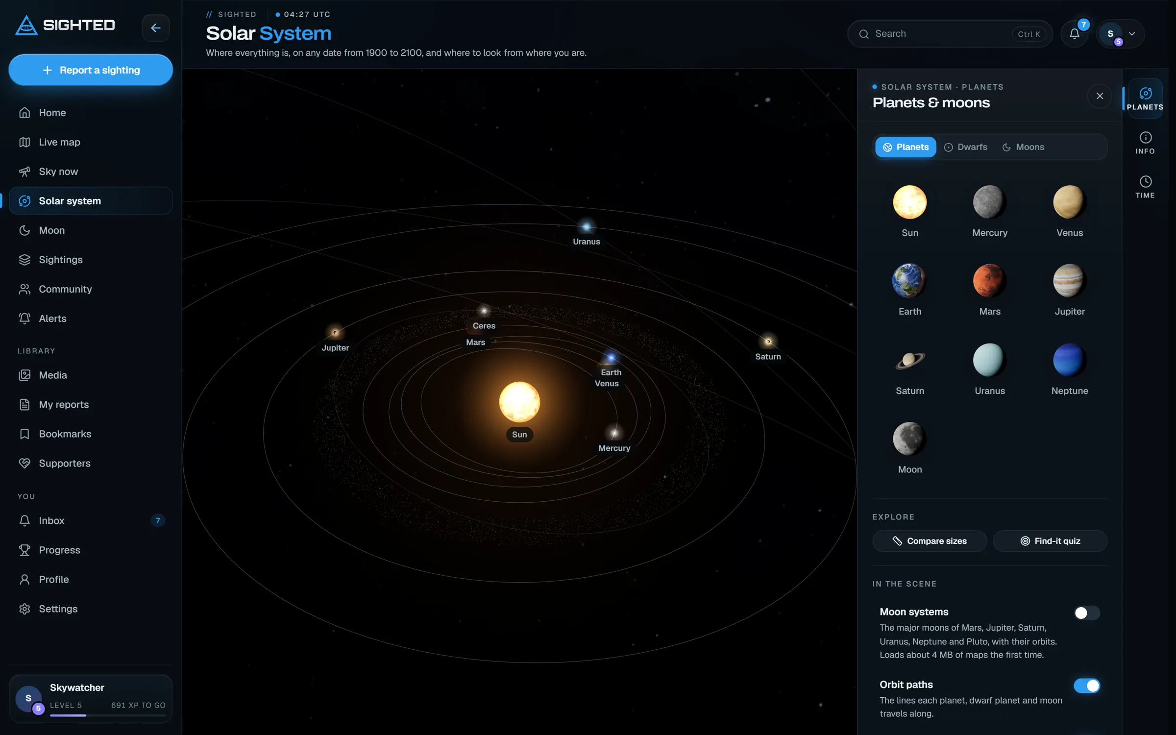 The 3D solar system showing every planet where it is today, with the planets and moons panel.