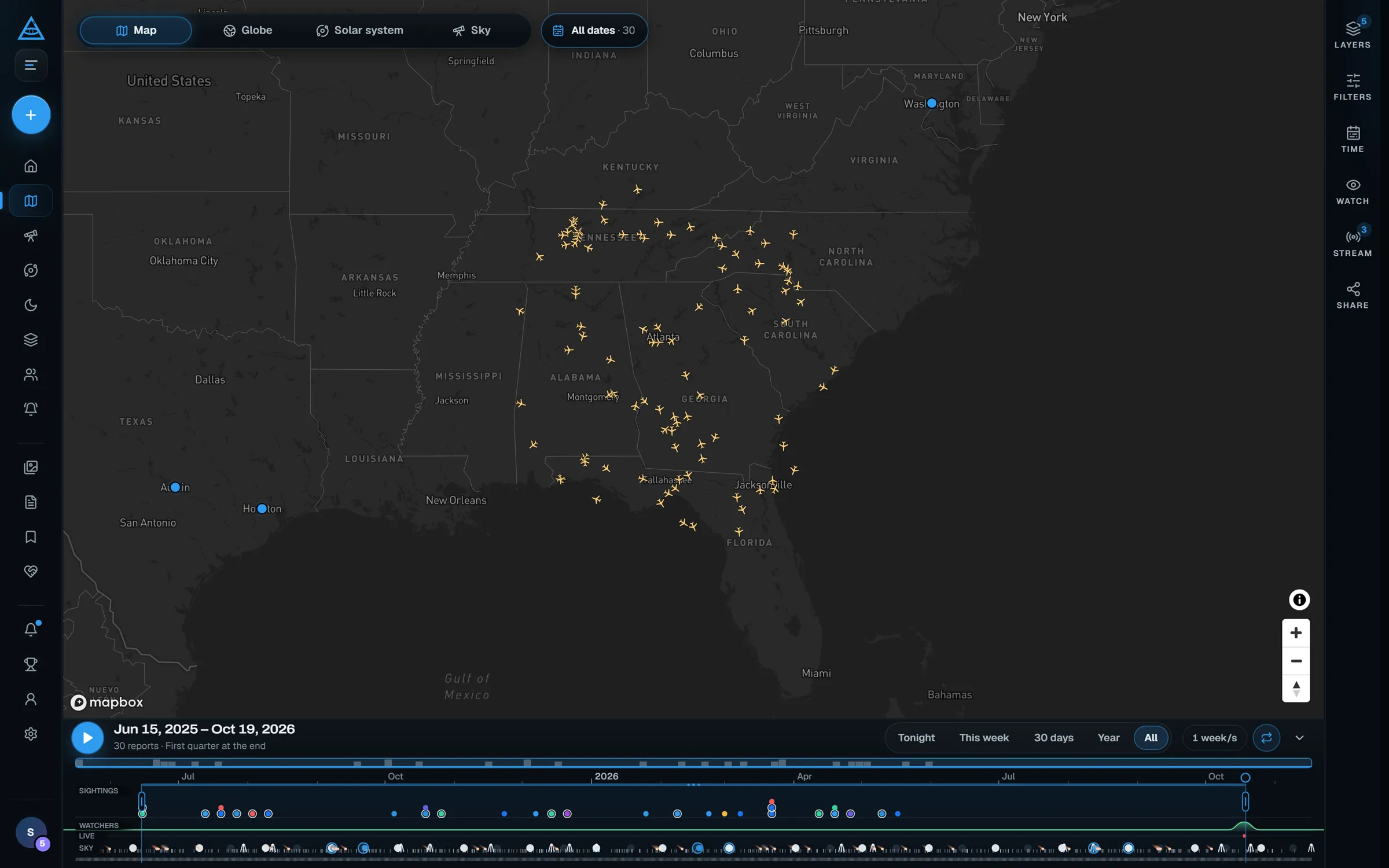 The Sighted live map over the south-eastern United States: public reports as pins and live aircraft over Georgia and the Carolinas, with the timeline below.