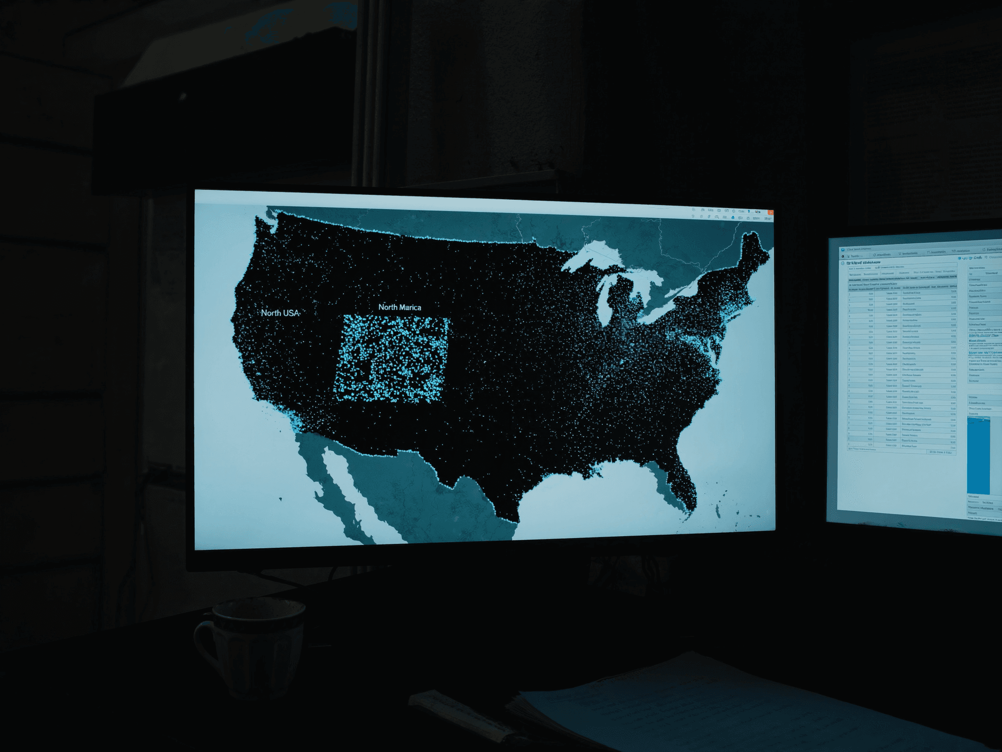 Investigator workspace at night with a dark monitor showing a sighting hotspot map